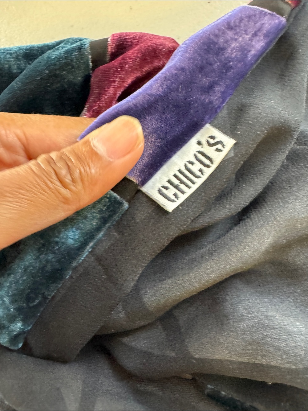 Vintage Chico's Velvet Patchwork Scarf Multicolor Burnout Wrap Boho Lagenlook - Picture 8 of 11